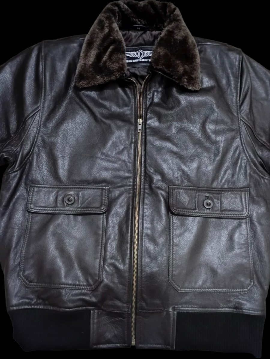 Open leather flight jacket showing lining